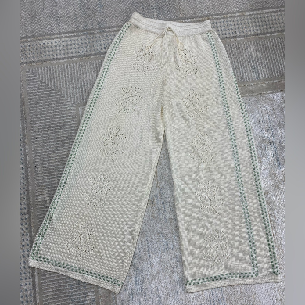 Calle Del Mar Floral Pointelle Knit Wide Leg Pants - Picture 3 of 8